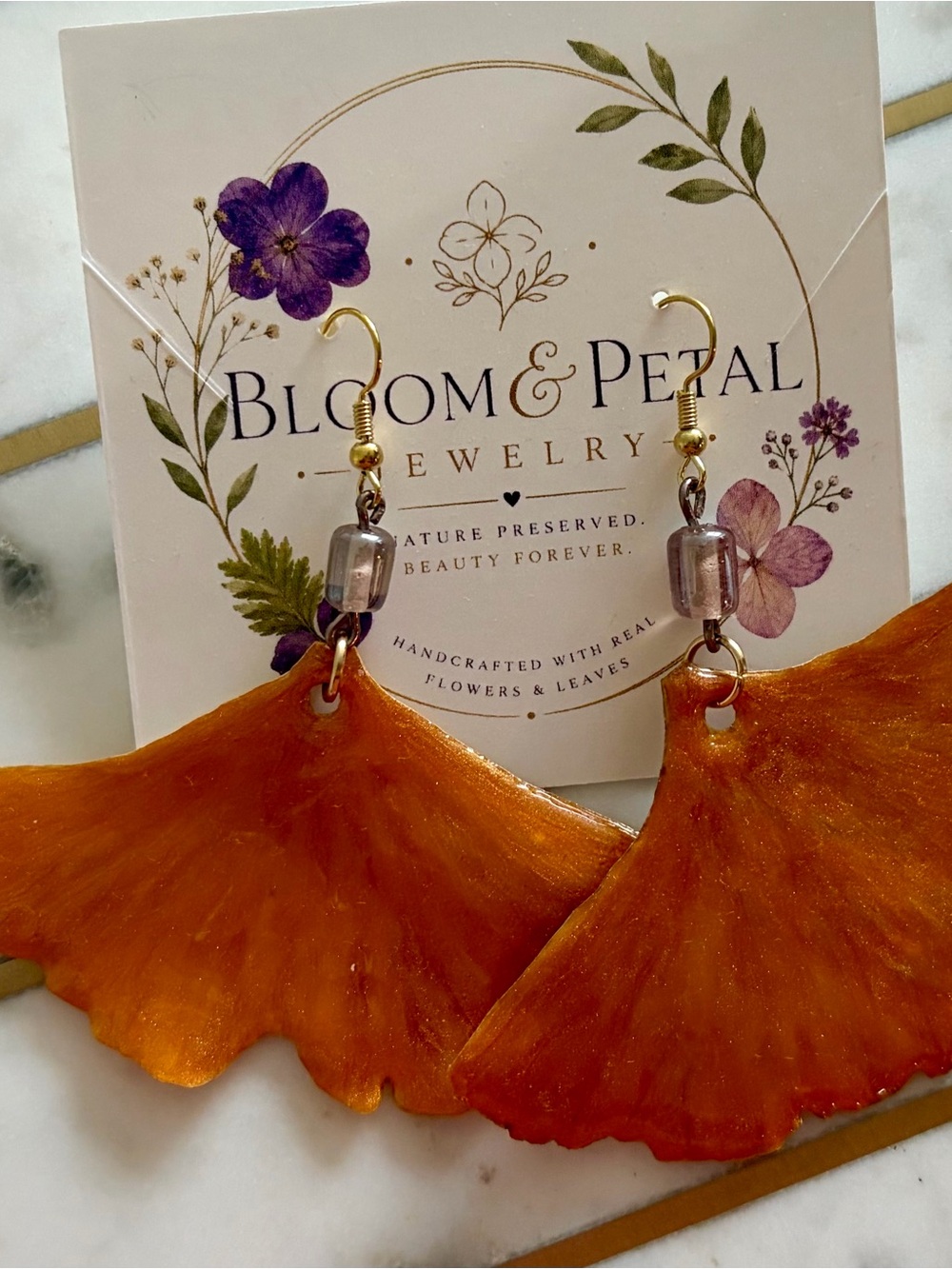 Orange Ginkgo leaf earrings Handmade botanical jewelry, Nature Inspired